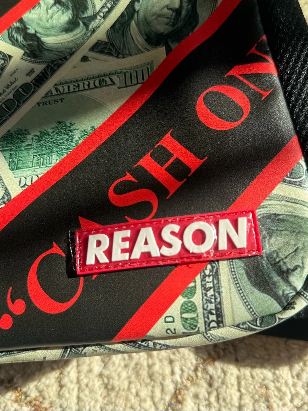 Reason Cash Only $100 Bill Money Print Backpack Black Red Green NWT
